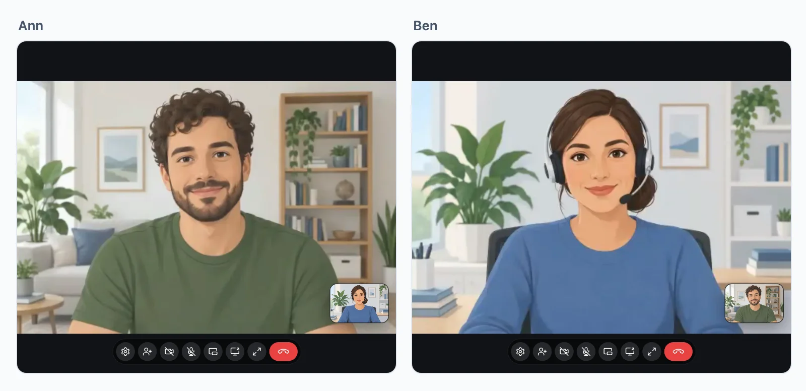 Ann has answered: each browser shows the other person camera, their own in a corner, and the call controls. The cameras are illustrations