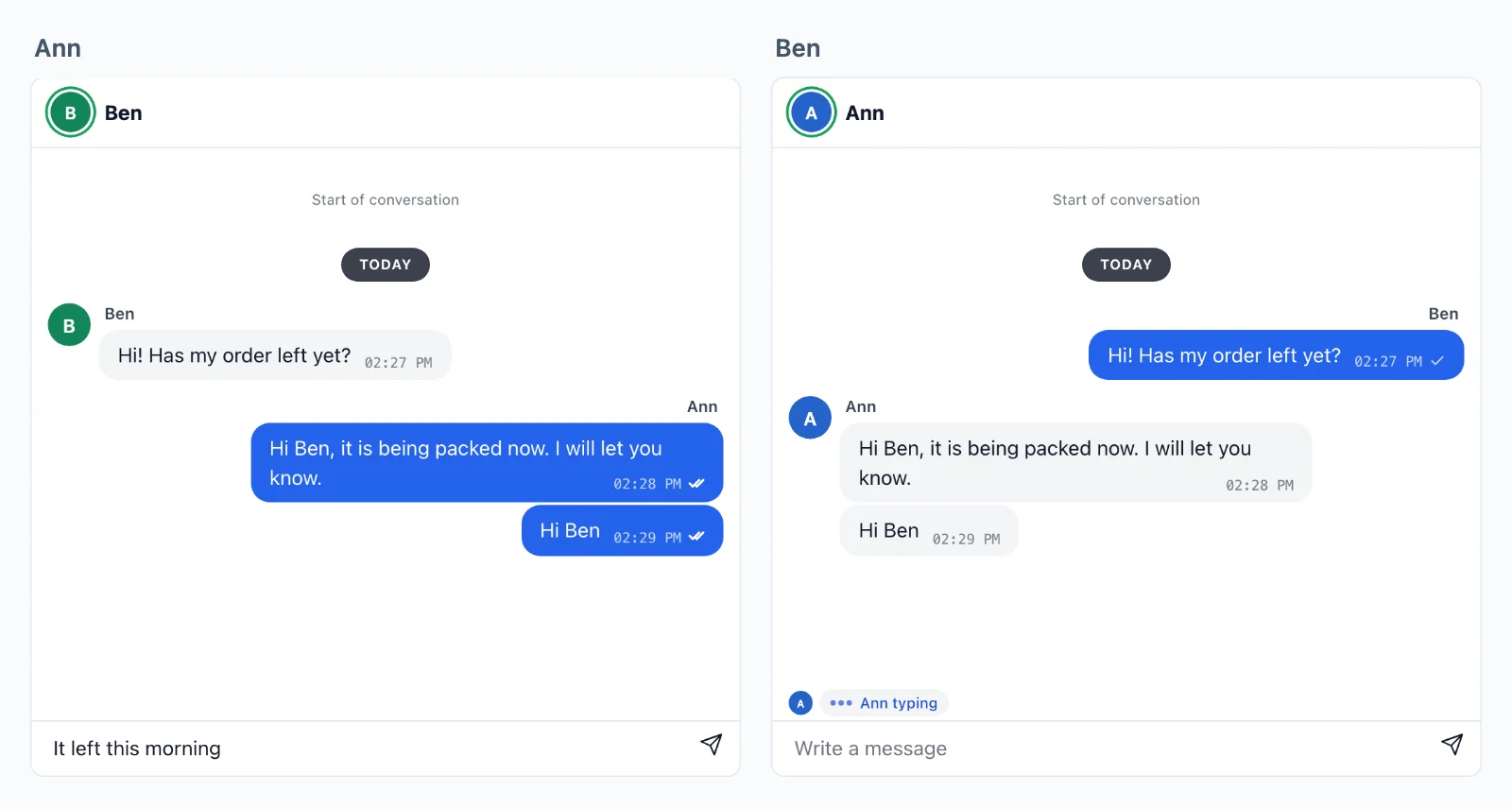 The chat window of Ben shows “Ann typing” while Ann, in her own browser, writes a reply