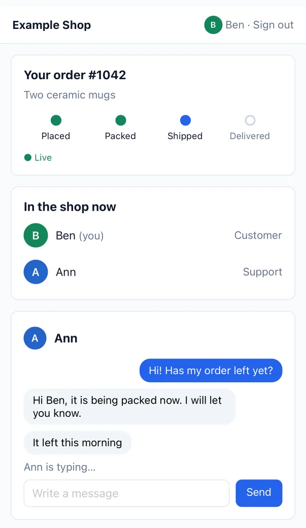 The order page of Ben in the React Native app on an iPhone: order 1042 shipped and live, Ann and Ben in the shop, and their chat with the new message from Ann and “Ann is typing…”, from her browser