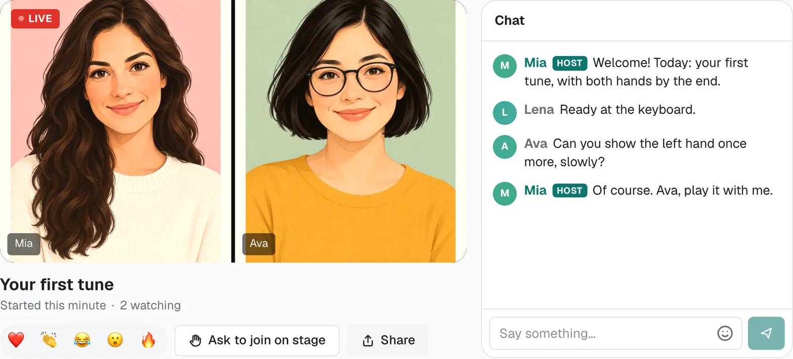 Mia live in her piano lesson with Ava on stage beside her, and the lesson’s chat, as Lena, another of her students, sees it. The cameras are illustrations